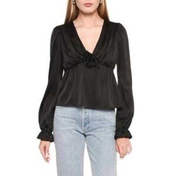 Wayf x Jourdan Sloane Candace Long Sleeve Chiffon Top Rosette Long Sleeve Black - Picture 1 of 8